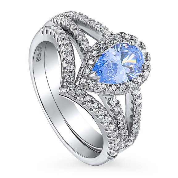 BERRICLE Sterling Silver Halo Wedding Engagement Rings Blue Pear Cut Cubic Zirconia CZ Wishbone Split Shank Ring Set for Women, Rhodium Plated Size 4