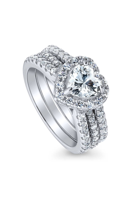Sterling Silver Halo Wedding Engagement Rings Heart Shaped Cubic Zirconia CZ Heart Insert Ring Set for Women, Rhodium Plated Size 5.5
