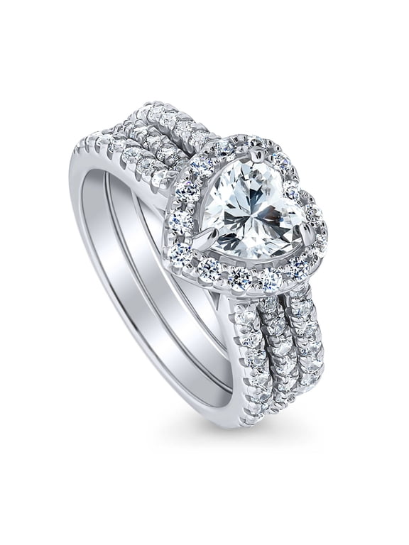 Sterling Silver Halo Wedding Engagement Rings Heart Shaped Cubic Zirconia CZ Heart Insert Ring Set for Women, Rhodium Plated Size 5.5
