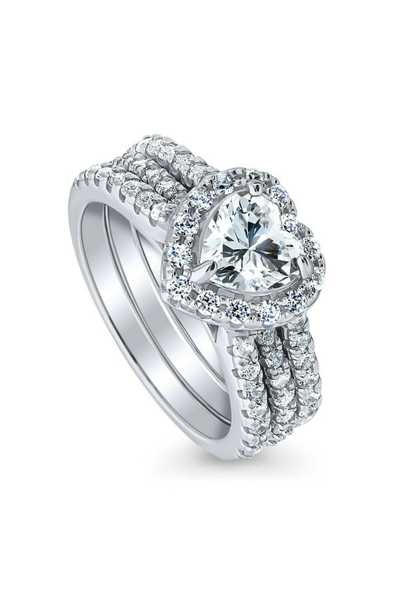 Sterling Silver Halo Wedding Engagement Rings Heart Shaped Cubic Zirconia CZ Heart Insert Ring Set for Women, Rhodium Plated Size 8
