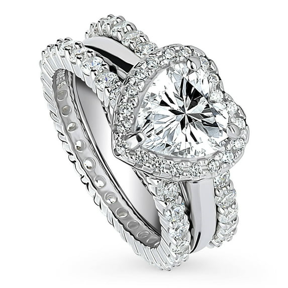 BERRICLE Sterling Silver Halo Wedding Engagement Rings Heart Shaped Cubic Zirconia CZ Heart Ring Set for Women, Rhodium Plated Size 5
