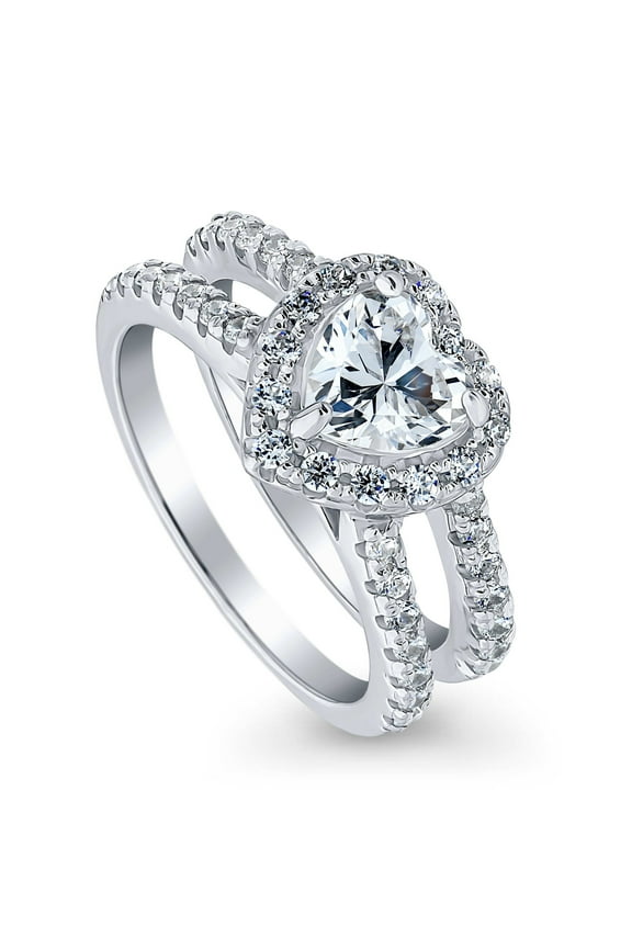 Sterling Silver Halo Wedding Engagement Rings Cubic Zirconia CZ Heart Ring for Women, Rhodium Plated Size 5.5