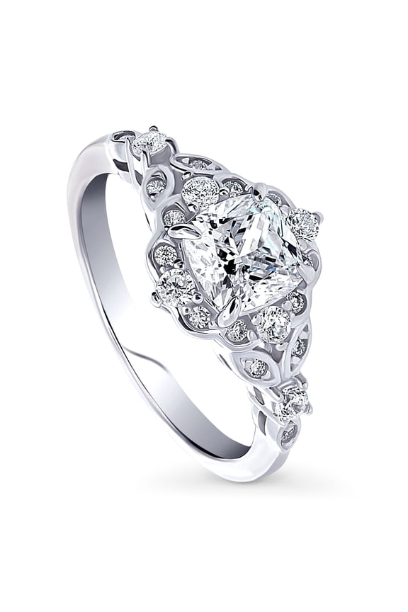 Sterling Silver Halo Wedding Engagement Rings Cushion Cut Cubic Zirconia CZ Vintage Inspired Art Deco Ring for Women, Rhodium Plated Size 6.5