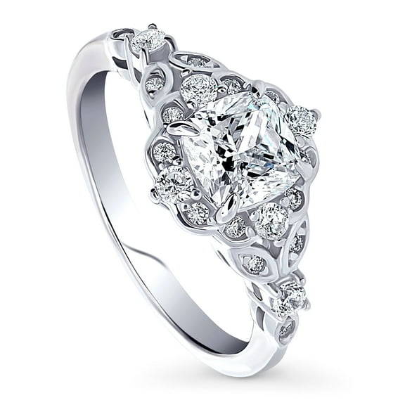 BERRICLE Sterling Silver Halo Wedding Engagement Rings Cushion Cut Cubic Zirconia CZ Vintage Inspired Art Deco Ring for Women, Rhodium Plated Size 9.5