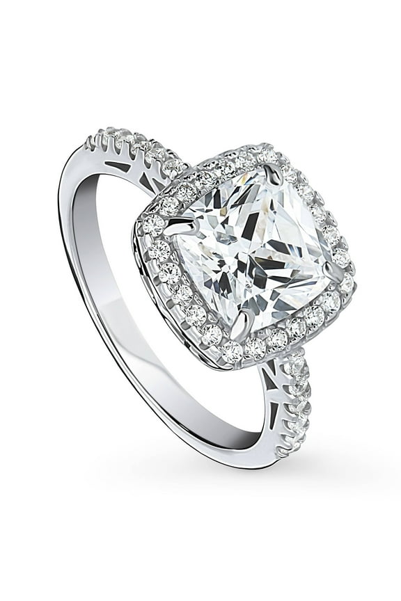 Sterling Silver Halo Wedding Engagement Rings Cushion Cut Cubic Zirconia CZ Promise Ring for Women, Rhodium Plated Size 6.5