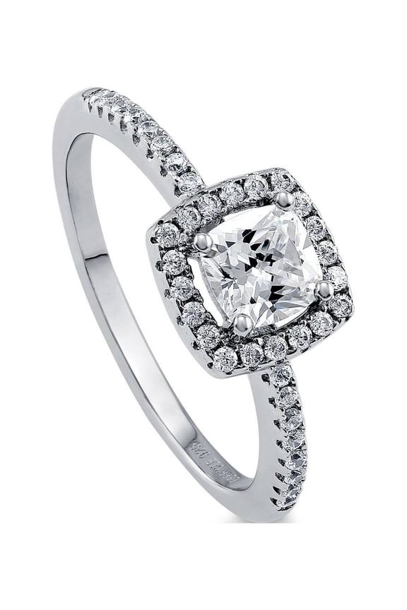 Sterling Silver Halo Wedding Engagement Rings Cushion Cut Cubic Zirconia CZ Promise Ring for Women, Rhodium Plated Size 8.5