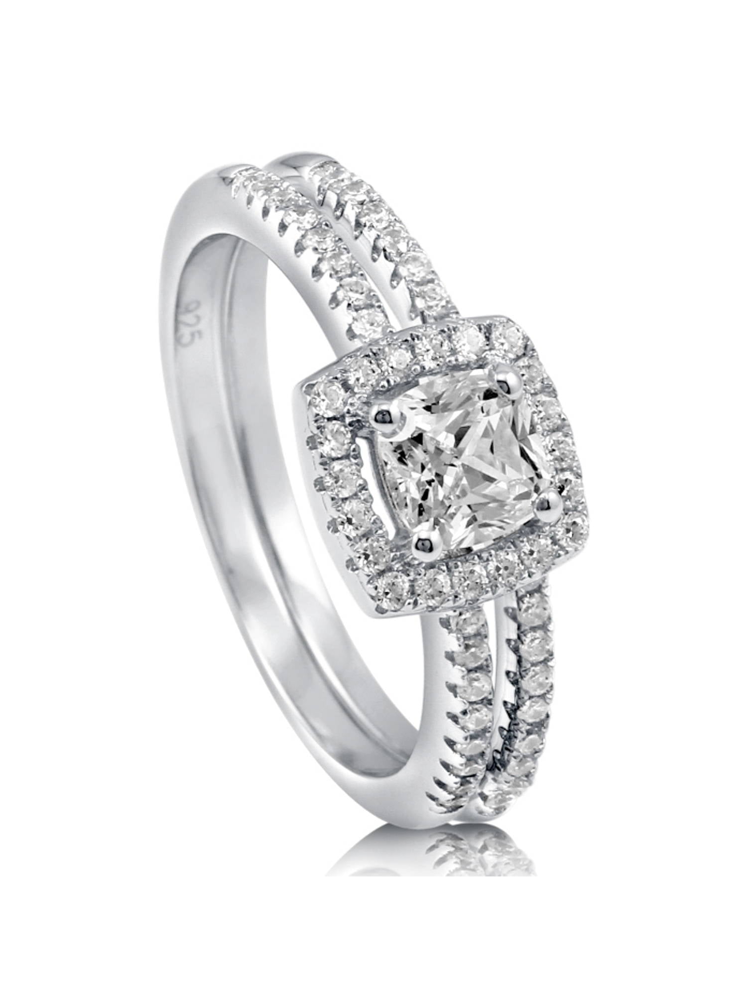 BERRICLE Sterling Silver Halo Wedding Engagement Rings Cushion Cut Cubic Zirconia CZ Ring Set for Women, Rhodium Plated Size 10
