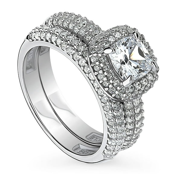 BERRICLE Sterling Silver Halo Wedding Engagement Rings Cushion Cut Cubic Zirconia CZ Ring Set for Women, Rhodium Plated Size 4