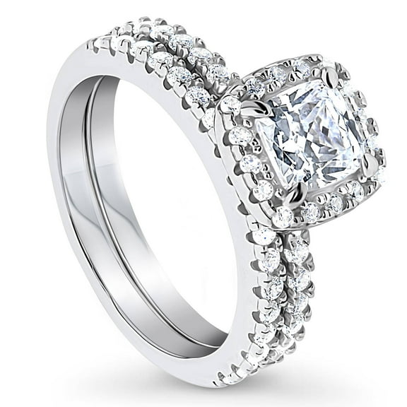 BERRICLE Sterling Silver Halo Wedding Engagement Rings Cushion Cut Cubic Zirconia CZ Ring Set for Women, Rhodium Plated Size 6.5