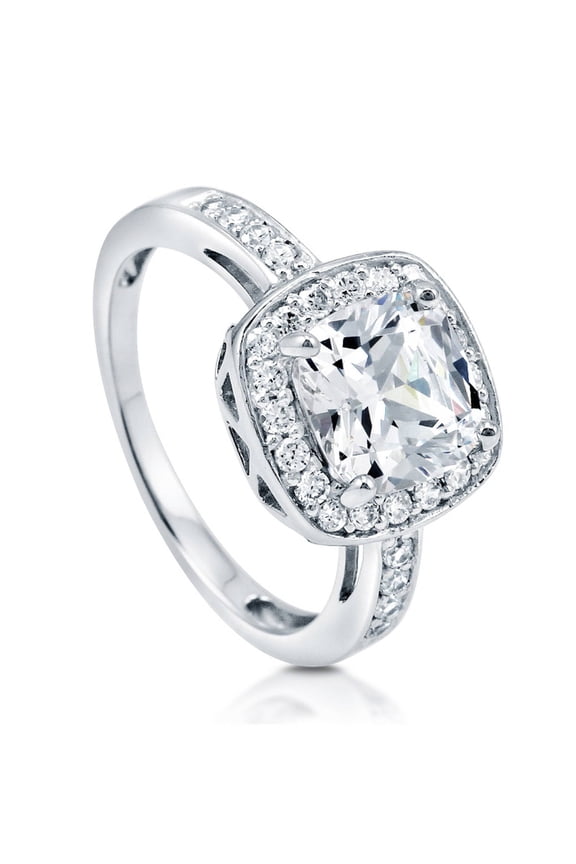 Sterling Silver Halo Wedding Engagement Rings Cushion Cut Cubic Zirconia CZ Ring for Women, Rhodium Plated Size 4