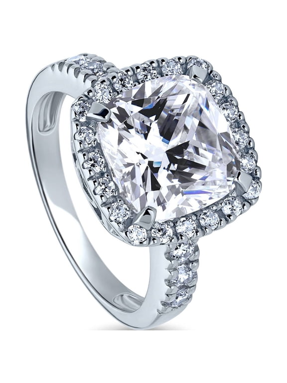 Sterling Silver Halo Wedding Engagement Rings Cushion Cut Cubic Zirconia CZ Statement Cocktail Ring for Women, Rhodium Plated Size 7.5