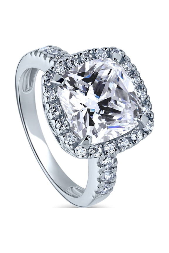 Sterling Silver Halo Wedding Engagement Rings Cushion Cut Cubic Zirconia CZ Statement Cocktail Ring for Women, Rhodium Plated Size 9.5