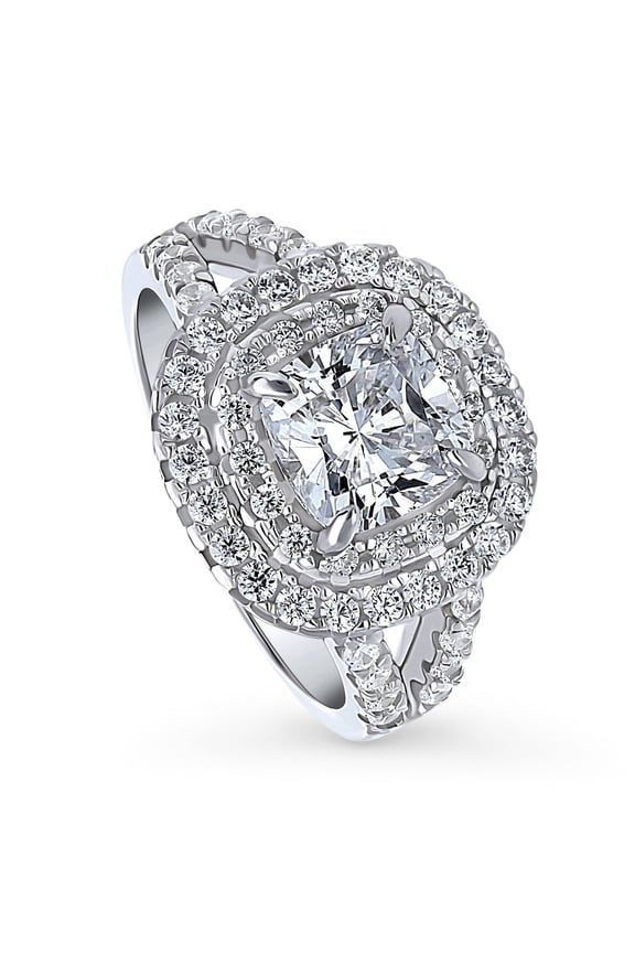 Sterling Silver Halo Wedding Engagement Rings Cushion Cut Cubic Zirconia CZ Statement Cocktail Split Shank Ring for Women, Rhodium Plated Size 4