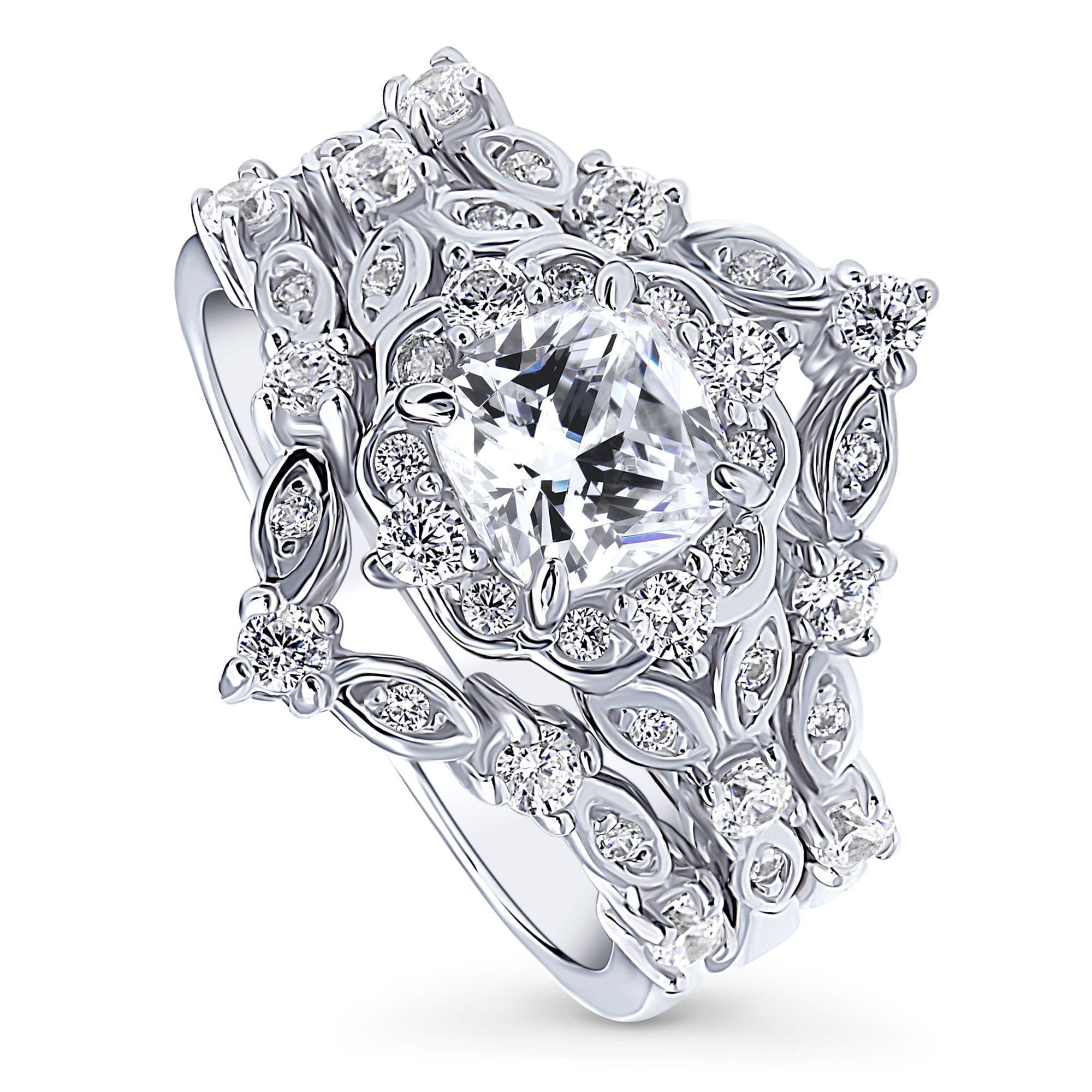 BERRICLE Sterling Silver Halo Wedding Engagement Rings Cushion Cut Cubic Zirconia CZ Wishbone Ring Set for Women, Rhodium Plated Size 10
