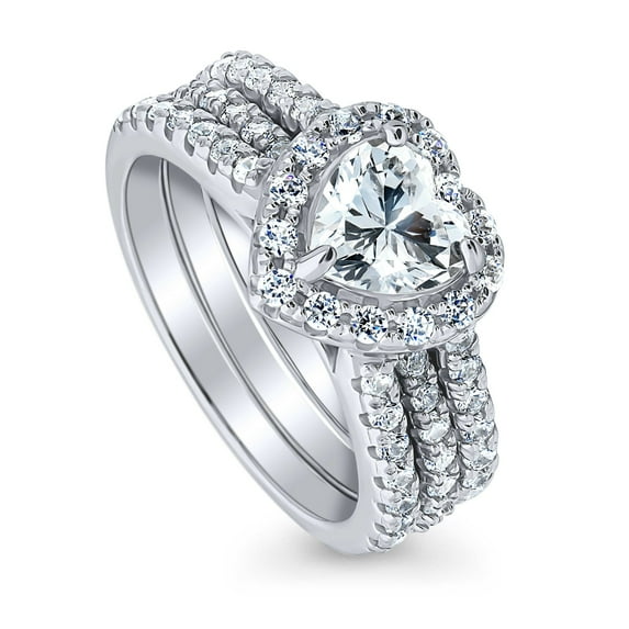 BERRICLE Sterling Silver Halo Wedding Engagement Rings Heart Shaped Cubic Zirconia CZ Heart Insert Ring Set for Women, Rhodium Plated Size 6.5
