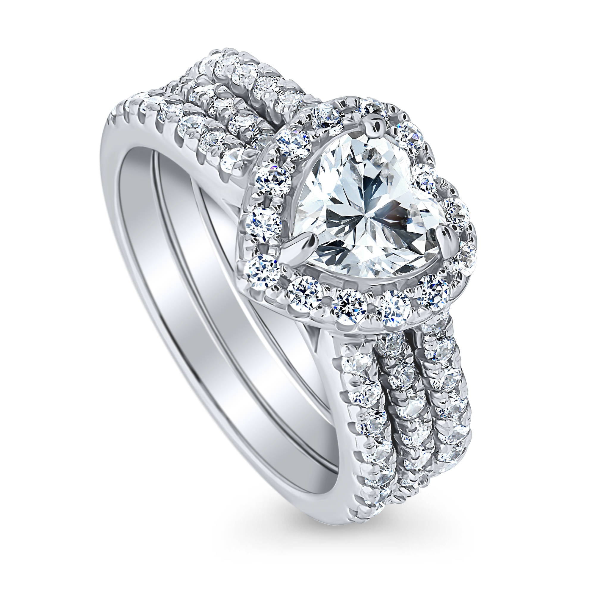 BERRICLE Sterling Silver Halo Wedding Engagement Rings Heart Shaped Cubic Zirconia CZ Heart Insert Ring Set for Women, Rhodium Plated Size 8.5