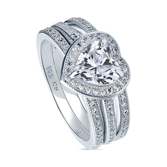 BERRICLE Sterling Silver Halo Wedding Engagement Rings Heart Shaped Cubic Zirconia CZ Heart Ring Set for Women, Rhodium Plated Size 9.5