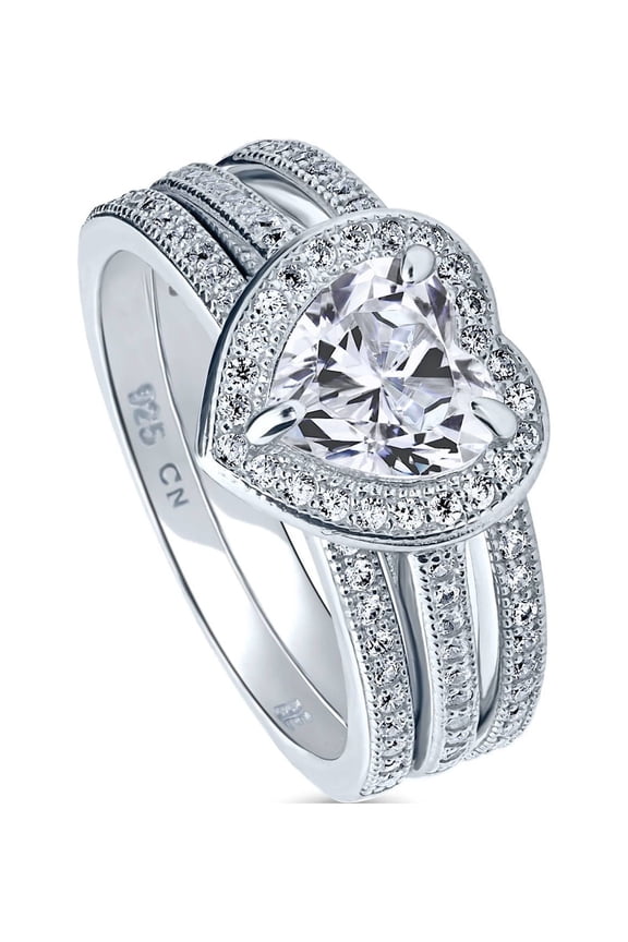 Sterling Silver Halo Wedding Engagement Rings Heart Shaped Cubic Zirconia CZ Heart Ring Set for Women, Rhodium Plated Size 9.5