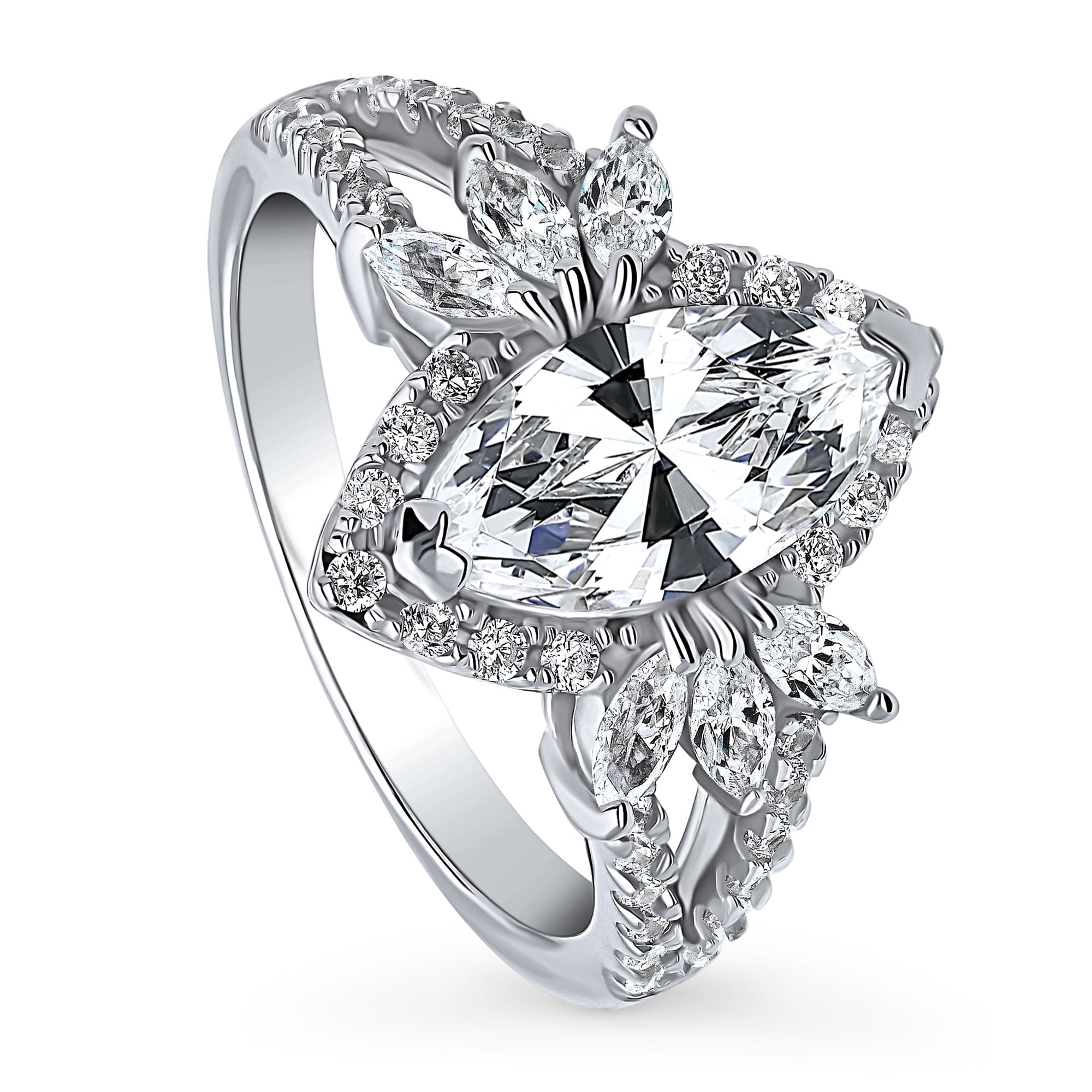 Marquise Flower Design Ring Cubic Zirconia Band Rhodium on Sterling Silver Marquise Flower Design Ring Cubic Zirconia Band Rhodium on Sterling Silver