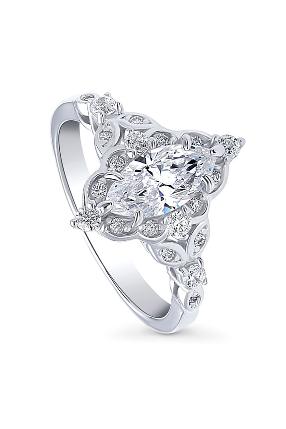 Sterling Silver Halo Wedding Engagement Rings Marquise Cut Cubic Zirconia CZ Vintage Inspired Art Deco Ring for Women, Rhodium Plated Size 4