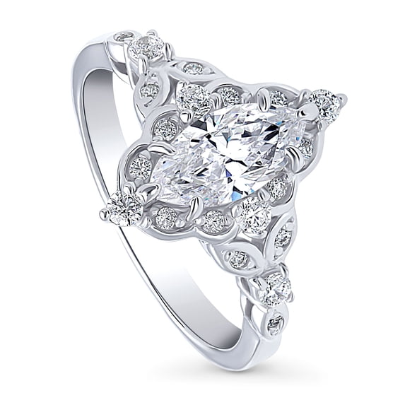 BERRICLE Sterling Silver Halo Wedding Engagement Rings Marquise Cut Cubic Zirconia CZ Vintage Inspired Art Deco Ring for Women, Rhodium Plated Size 5