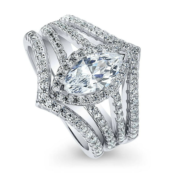 BERRICLE Sterling Silver Halo Wedding Engagement Rings Marquise Cut Cubic Zirconia CZ Wishbone Split Shank Ring Set for Women, Rhodium Plated Size 8