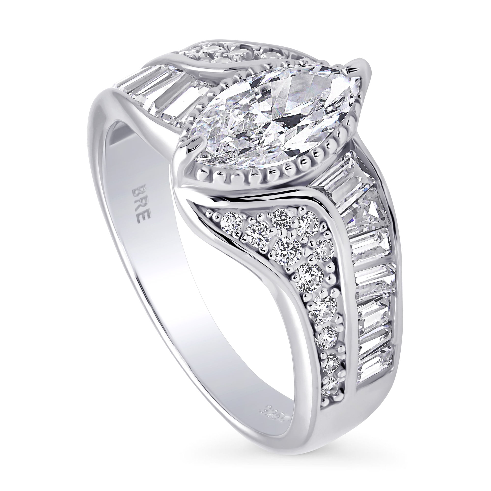Rectangle Cut Cubic Zirconia Solitaire Ring with Baguette Side Accents Rhodium on Sterling Silver Rectangle Cut Cubic Zirconia Solitaire Ring with Baguette Side Accents Rhodium on Sterling Silver