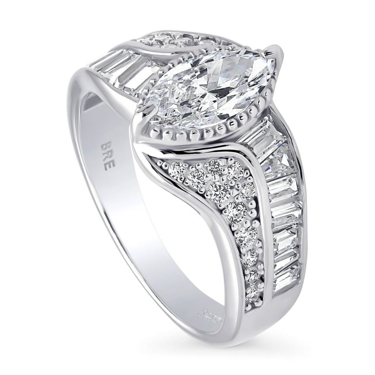 Rectangle Cut Cubic Zirconia Solitaire Ring with Baguette Side Accents Rhodium on Sterling Silver Rectangle Cut Cubic Zirconia Solitaire Ring with Baguette Side Accents Rhodium on Sterling Silver