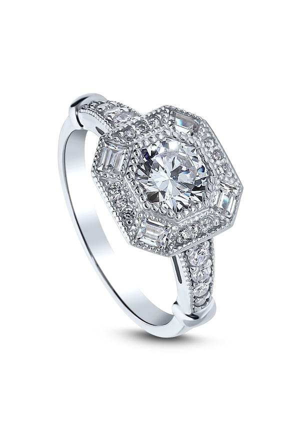 Sterling Silver Halo Wedding Engagement Rings Octagon Sun Cut Cubic Zirconia CZ Vintage Inspired Art Deco Ring for Women, Rhodium Plated Size 4