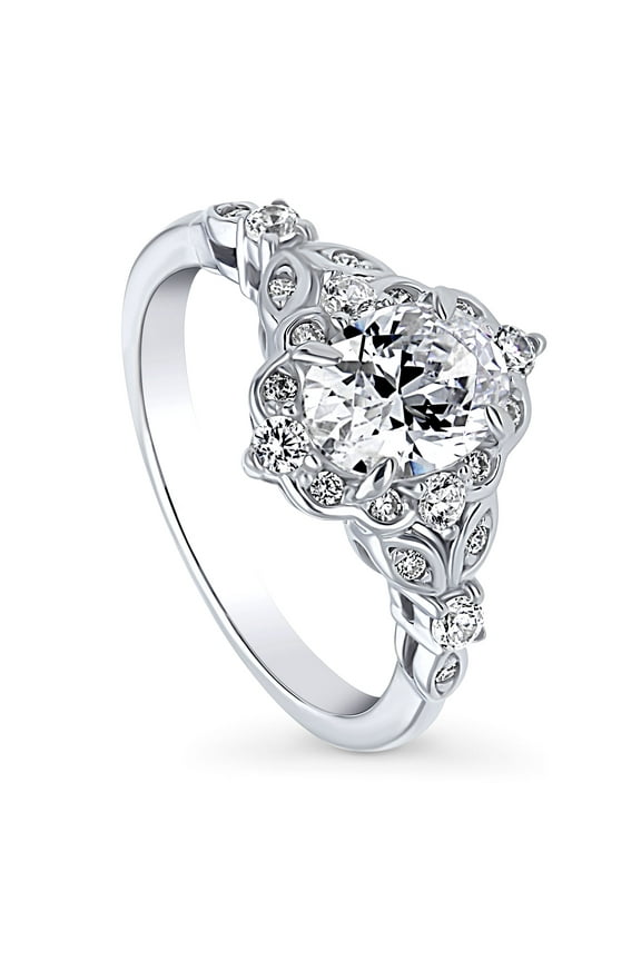 Sterling Silver Halo Wedding Engagement Rings Oval Cut Cubic Zirconia CZ Vintage Inspired Art Deco Ring for Women, Rhodium Plated Size 7.5