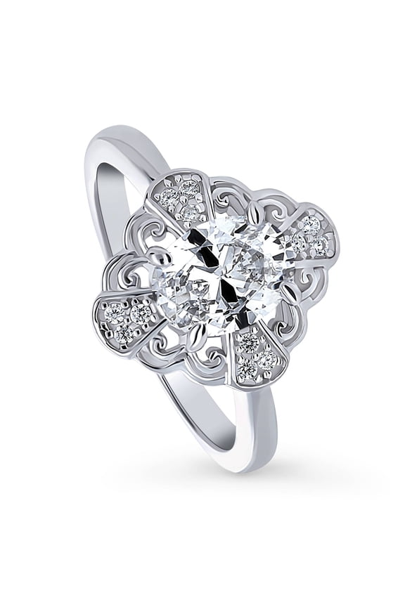 Sterling Silver Halo Wedding Engagement Rings Oval Cut Cubic Zirconia CZ Flower Ring for Women, Rhodium Plated Size 4