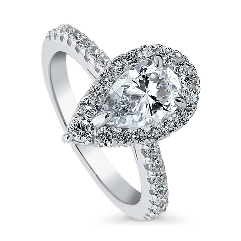 Pear Shape Halo Ring Cubic Zirconia Band Rhodium on Sterling Silver