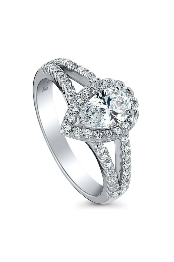 Sterling Silver Halo Wedding Engagement Rings Pear Cut Cubic Zirconia CZ Promise Split Shank Ring for Women, Rhodium Plated Size 7