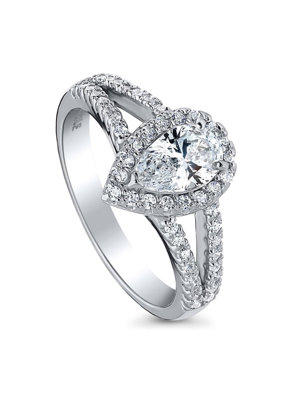 Sterling Silver Halo Wedding Engagement Rings Pear Cut Cubic Zirconia CZ Promise Split Shank Ring for Women, Rhodium Plated Size 8.5