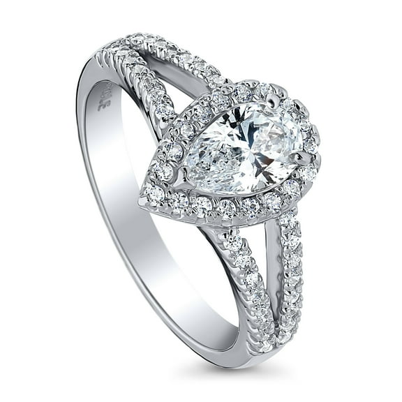 BERRICLE Sterling Silver Halo Wedding Engagement Rings Pear Cut Cubic Zirconia CZ Promise Split Shank Ring for Women, Rhodium Plated Size 9