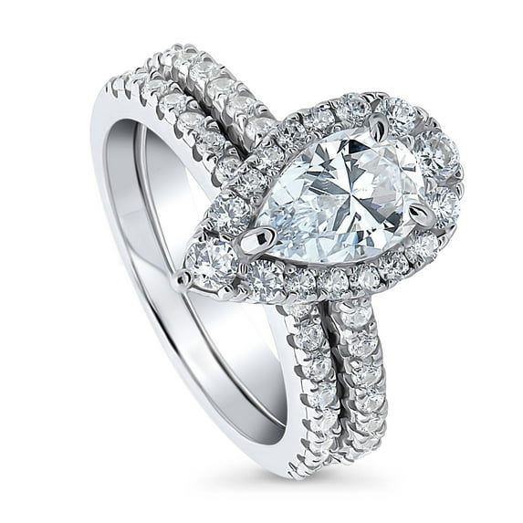 BERRICLE Sterling Silver Halo Wedding Engagement Rings Pear Cut Cubic Zirconia CZ Ring Set for Women, Rhodium Plated Size 6
