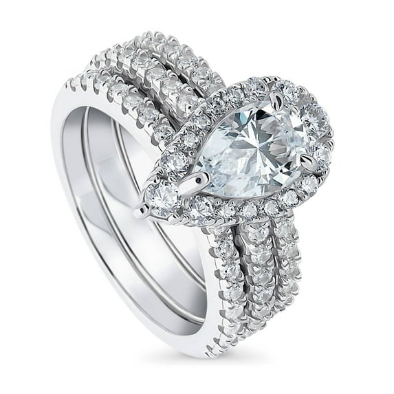 BERRICLE Sterling Silver Halo Wedding Engagement Rings Pear Cut Cubic Zirconia CZ Ring Set for Women, Rhodium Plated Size 7