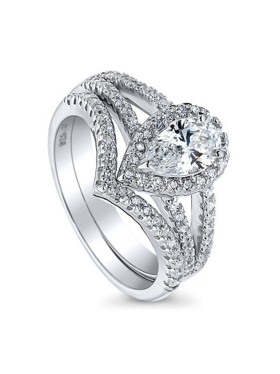 Sterling Silver Halo Wedding Engagement Rings Pear Cut Cubic Zirconia CZ Wishbone Split Shank Ring Set for Women, Rhodium Plated Size 4.5