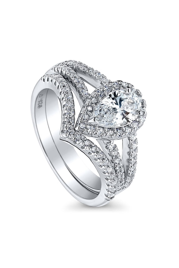 Sterling Silver Halo Wedding Engagement Rings Pear Cut Cubic Zirconia CZ Wishbone Split Shank Ring Set for Women, Rhodium Plated Size 4