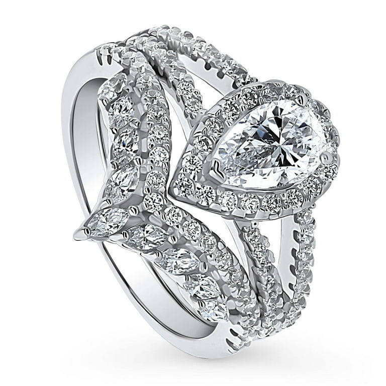 Pear Shape Halo Ring Cubic Zirconia Band Rhodium on Sterling Silver Pear Shape Halo Ring Cubic Zirconia Band Rhodium on Sterling Silver