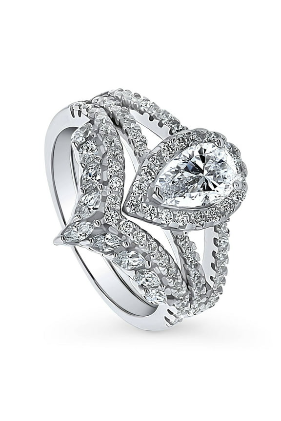 Sterling Silver Halo Wishbone Chevron Crown V Shaped Engagement Rings Statement Stackable Band Split Shank Ring Set for Women, Pear Cut Cubic Zirconia CZ Size 6.5