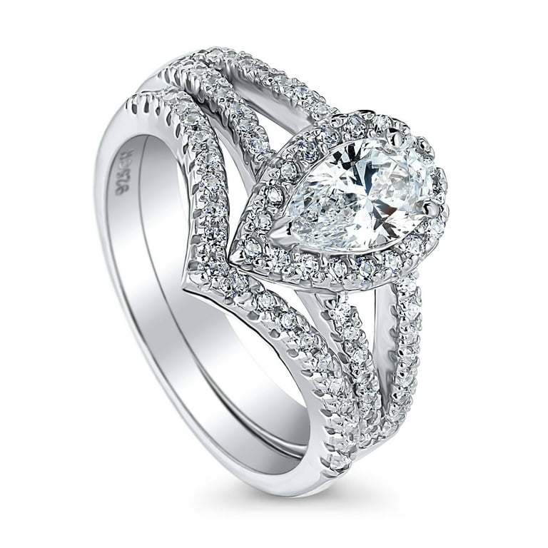 Pear Shape Halo Ring Cubic Zirconia Band Rhodium on Sterling Silver Pear Shape Halo Ring Cubic Zirconia Band Rhodium on Sterling Silver