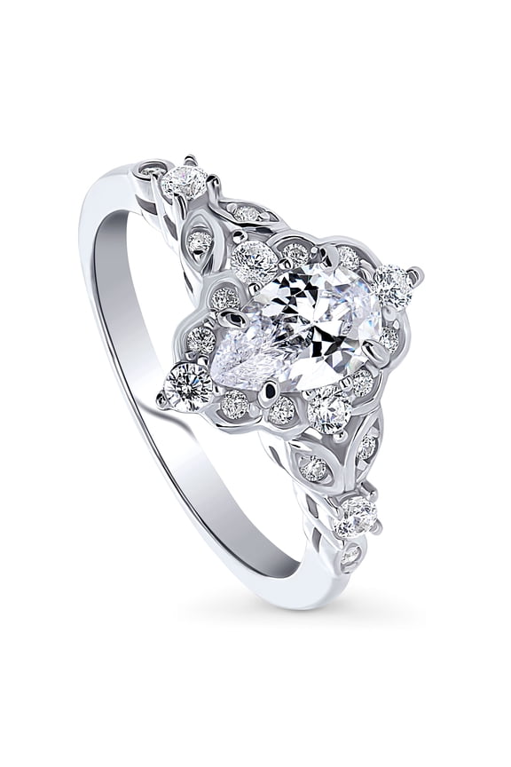 Sterling Silver Halo Wedding Engagement Rings Pear Cut Cubic Zirconia CZ Vintage Inspired Art Deco Ring for Women, Rhodium Plated Size 7