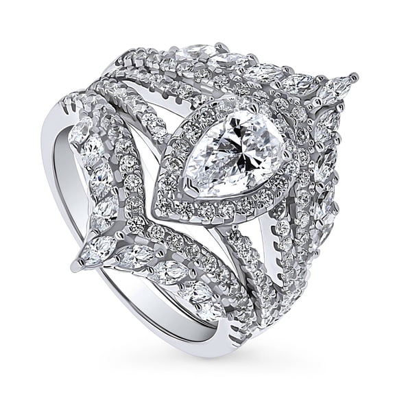 BERRICLE Sterling Silver Halo Wishbone Chevron Crown V Shaped Engagement Rings Statement Stackable Band Split Shank Ring Set for Women, Pear Cut Cubic Zirconia CZ Size 5