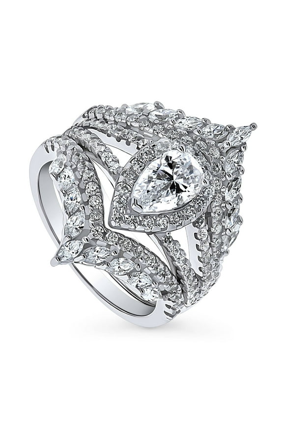 Sterling Silver Halo Wishbone Chevron Crown V Shaped Engagement Rings Statement Stackable Band Split Shank Ring Set for Women, Pear Cut Cubic Zirconia CZ Size 5