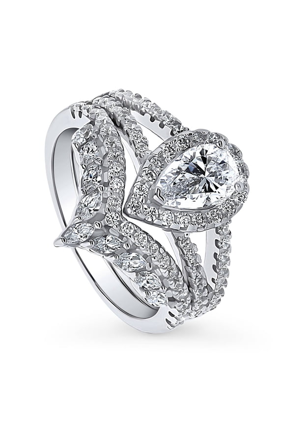 Sterling Silver Halo Wishbone Chevron Crown V Shaped Engagement Rings Statement Stackable Band Split Shank Ring Set for Women, Pear Cut Cubic Zirconia CZ Size 8.5