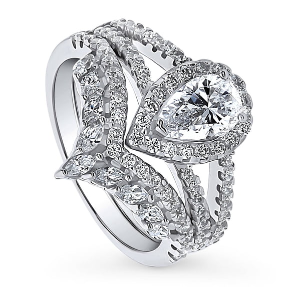 BERRICLE Sterling Silver Halo Wishbone Chevron Crown V Shaped Engagement Rings Statement Stackable Band Split Shank Ring Set for Women, Pear Cut Cubic Zirconia CZ Size 9.5