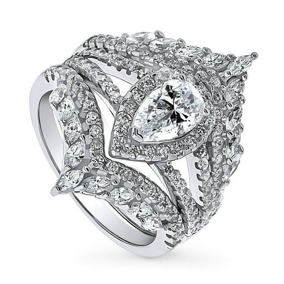 BERRICLE Sterling Silver Halo Wishbone Chevron Crown V Shaped Engagement Rings Statement Stackable Band Split Shank Ring Set for Women, Pear Cut Cubic Zirconia CZ Size 9
