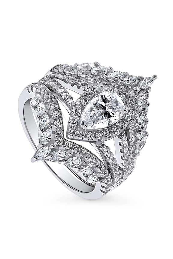 Sterling Silver Halo Wishbone Chevron Crown V Shaped Engagement Rings Statement Stackable Band Split Shank Ring Set for Women, Pear Cut Cubic Zirconia CZ Size 9