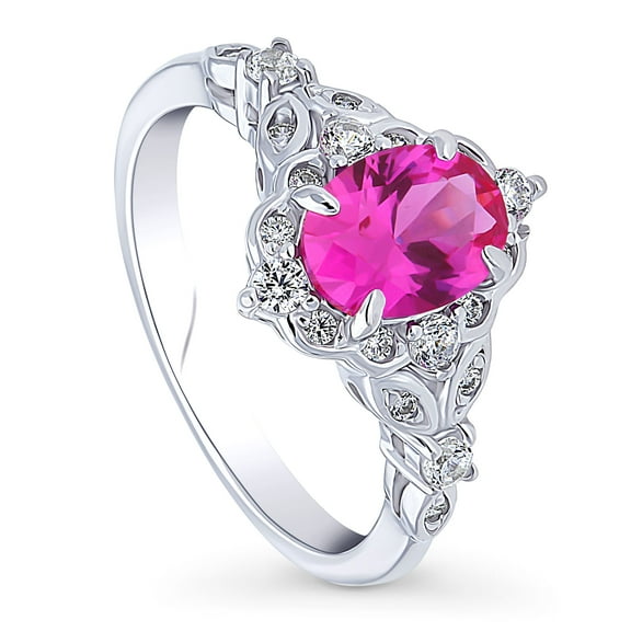 BERRICLE Sterling Silver Halo Wedding Engagement Rings Pink Oval Cut Cubic Zirconia CZ Vintage Inspired Art Deco Ring for Women, Rhodium Plated Size 4